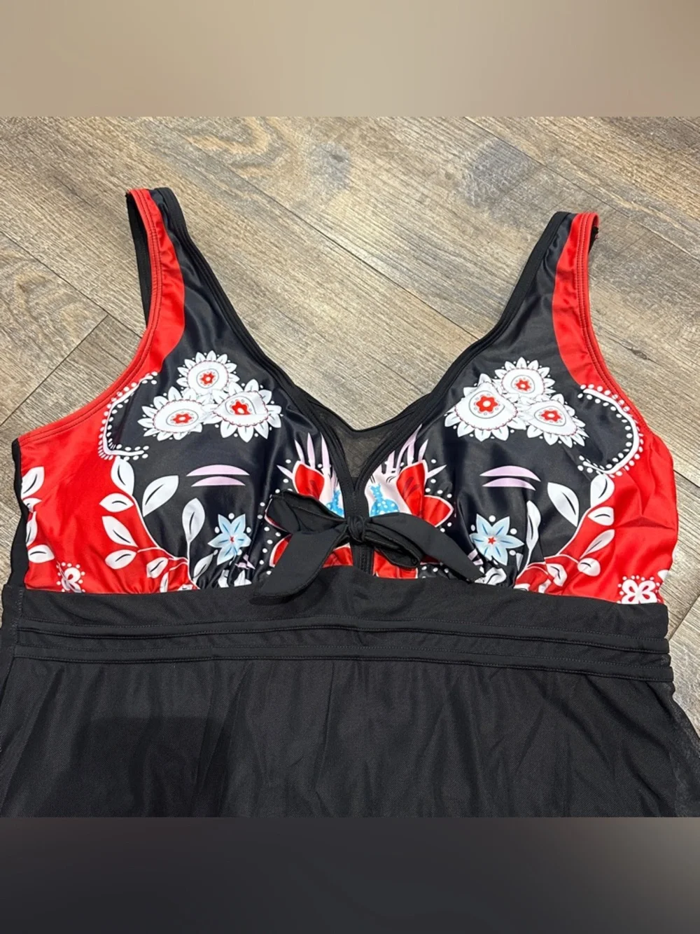 Black & Red Floral Tie-Front Swimdress One Piece XXL NWOT